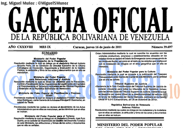 Gaceta Oficial 39697 del 16 Junio 2011