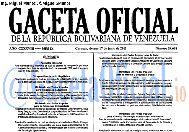 Gaceta Oficial 39698 del 17 Junio 2011