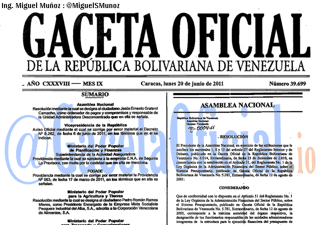 Gaceta Oficial 39699 del 20 Junio 2011