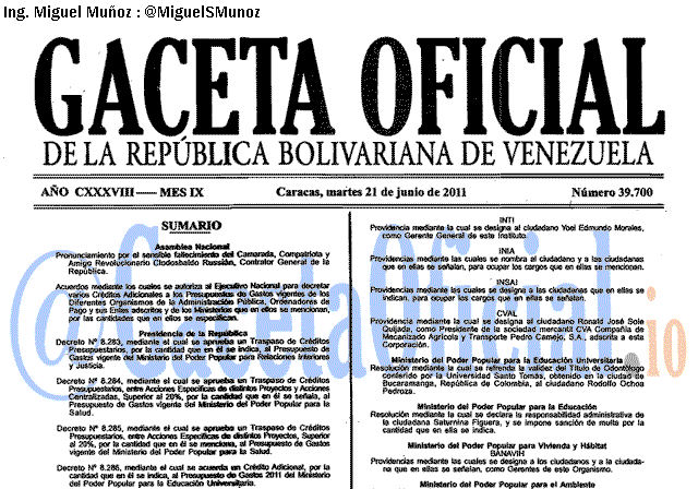 Gaceta Oficial 39700 del 21 Junio 2011