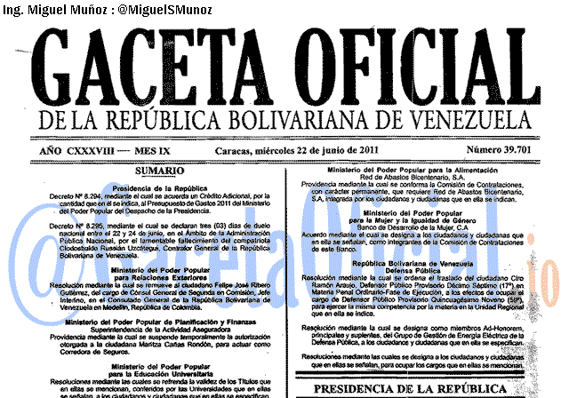 Gaceta Oficial 39701 del 22 Junio 2011