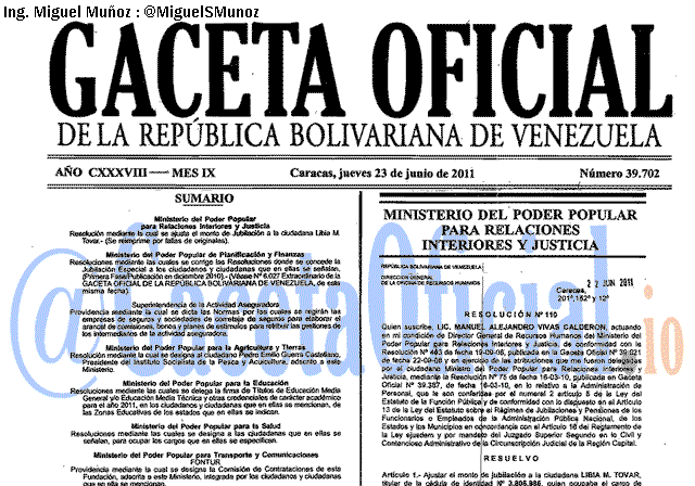 Gaceta Oficial 39702 del 23 Junio 2011