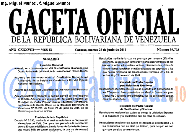 Gaceta Oficial 39703 del 28 Junio 2011