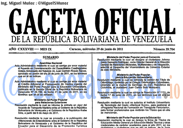 Gaceta Oficial 39704 del 29 Junio 2011