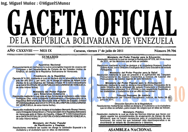 Gaceta Oficial 39706 del 1 Julio 2011