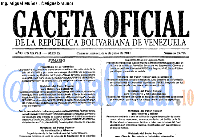 Gaceta Oficial 39707 del 6 Julio 2011