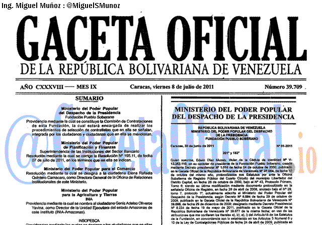 Gaceta Oficial 39709 del 8 Julio 2011