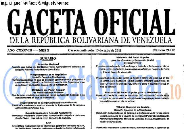 Gaceta Oficial 39712 del 13 Julio 2011