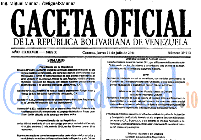 Gaceta Oficial 39713 del 14 Julio 2011