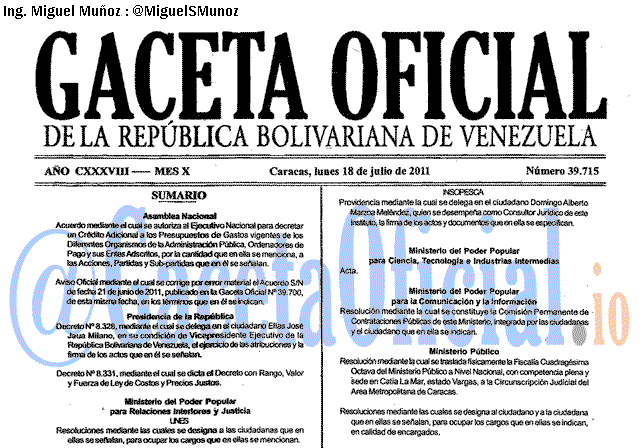 Gaceta Oficial 39715 del 18 Julio 2011