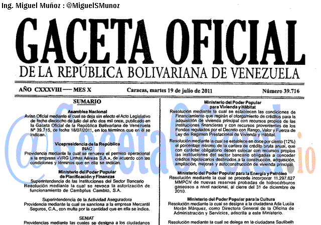 Gaceta Oficial 39716 del 19 Julio 2011