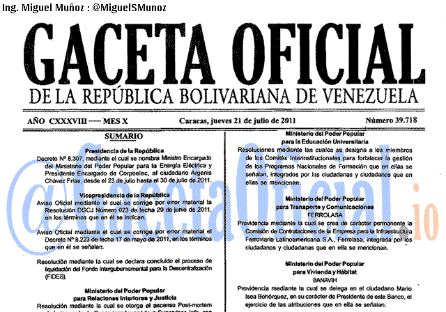 Gaceta Oficial 39718 del 21 Julio 2011