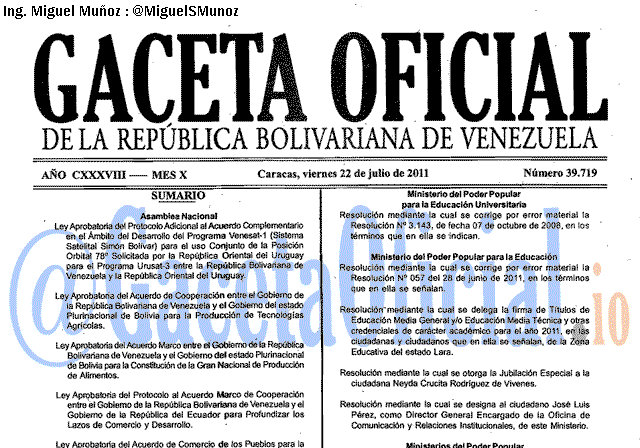 Gaceta Oficial 39719 del 22 Julio 2011