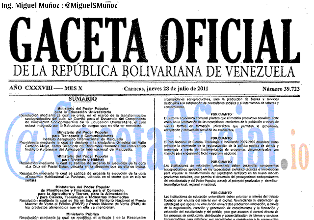Gaceta Oficial 39723 del 28 Julio 2011