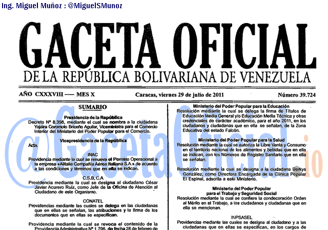 Gaceta Oficial 39724 del 29 Julio 2011