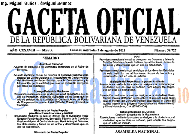 Gaceta Oficial 39727 del 3 Agosto 2011
