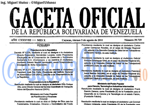 Gaceta Oficial 39729 del 5 Agosto 2011