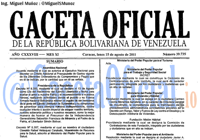 Gaceta Oficial 39735 del 15 Agosto 2011