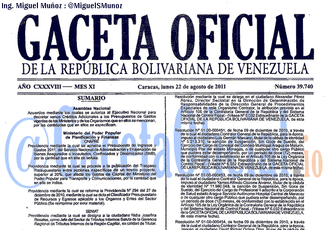 Gaceta Oficial 39740 del 22 Agosto 2011