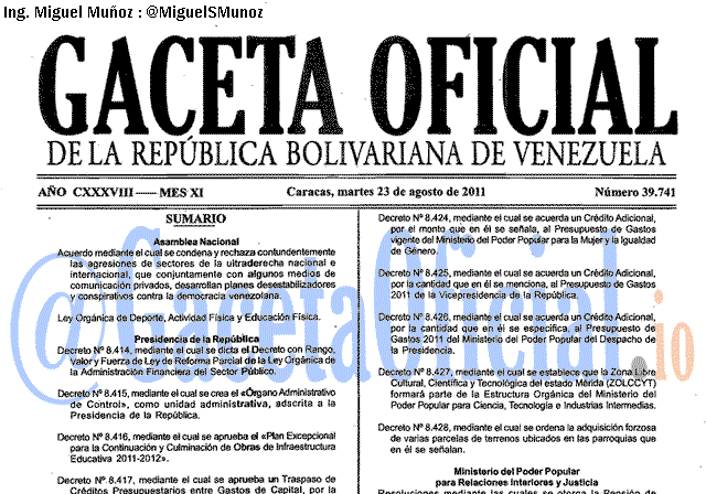 Gaceta Oficial 39741 del 23 Agosto 2011