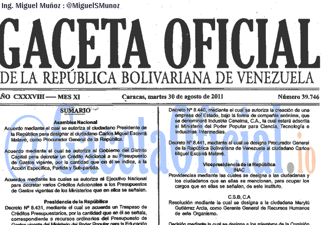 Gaceta Oficial 39746 del 30 Agosto 2011