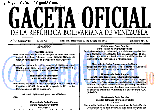 Gaceta Oficial 39747 del 31 Agosto 2011