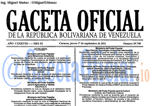 Gaceta Oficial 39748 del 1 Septiembre 2011