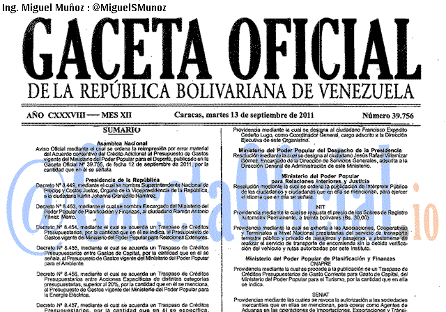 Gaceta Oficial 39756 del 13 Septiembre 2011