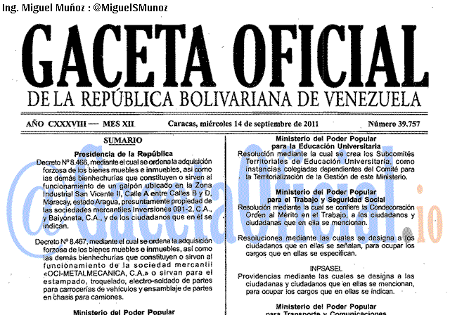 Gaceta Oficial 39757 del 14 Septiembre 2011