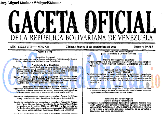 Gaceta Oficial 39758 del 15 Septiembre 2011