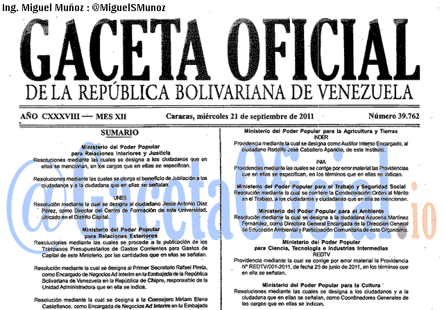 Gaceta Oficial 39762 del 21 Septiembre 2011