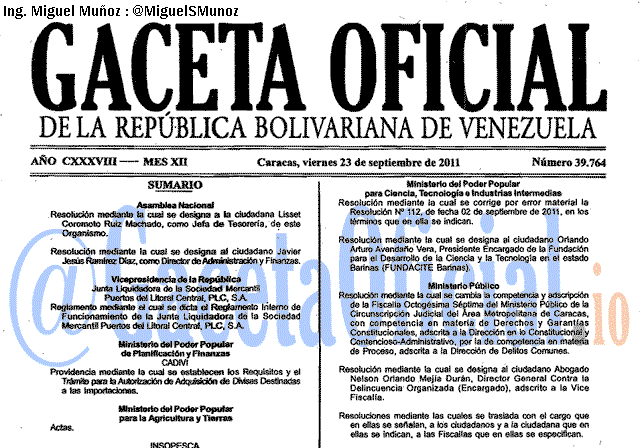 Gaceta Oficial 39764 del 23 Septiembre 2011