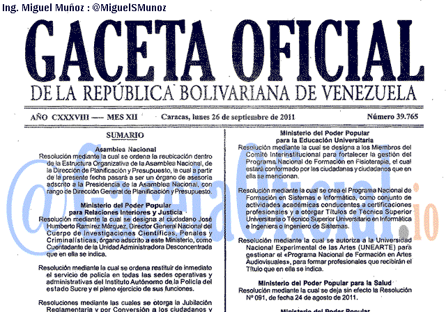 Gaceta Oficial 39765 del 26 Septiembre 2011