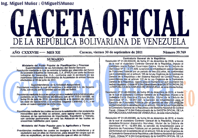 Gaceta Oficial 39769 del 30 Septiembre 2011