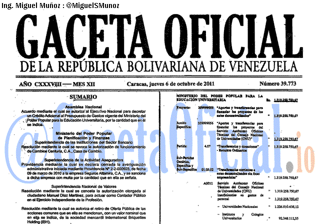Gaceta Oficial 39773 del 6 Octubre 2011
