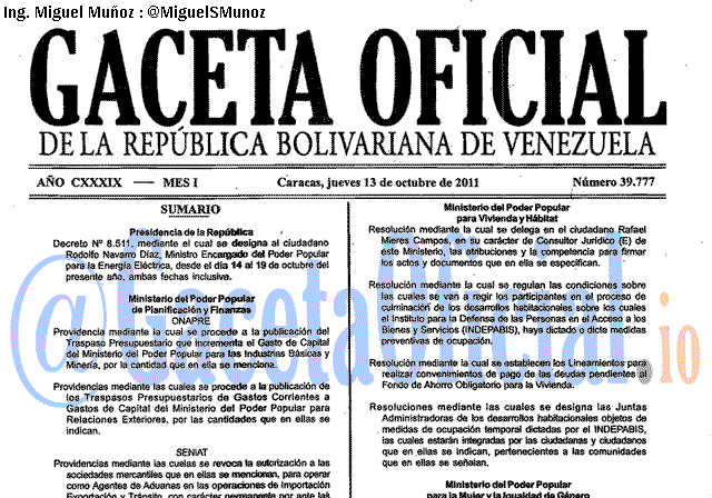 Gaceta Oficial 39777 del 13 Octubre 2011