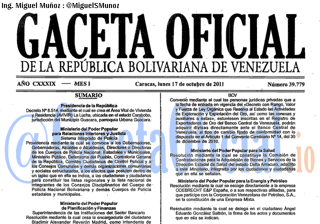 Gaceta Oficial 39779 del 17 Octubre 2011