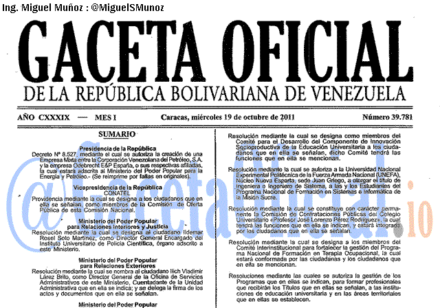 Gaceta Oficial 39781 del 19 Octubre 2011