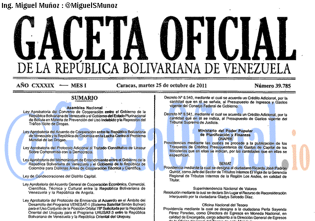 Gaceta Oficial 39785 del 25 Octubre 2011