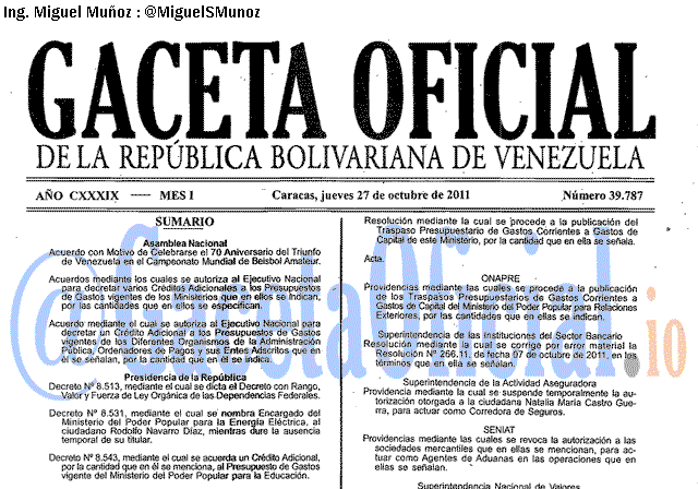 Gaceta Oficial 39787 del 27 Octubre 2011
