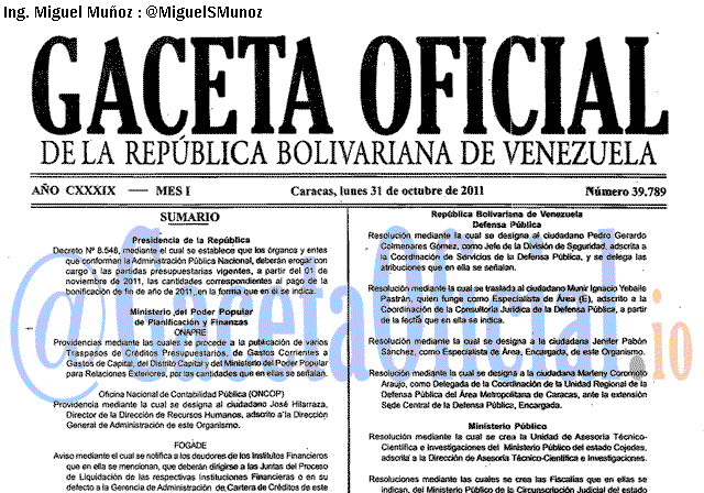 Gaceta Oficial 39789 del 31 Octubre 2011