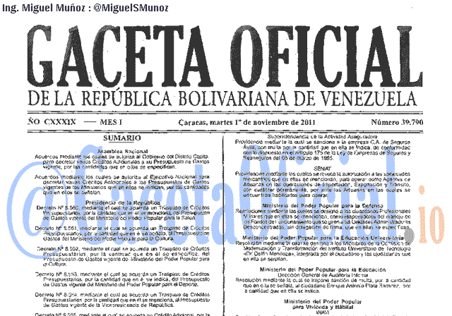 Gaceta Oficial 39790 del 1 Noviembre 2011