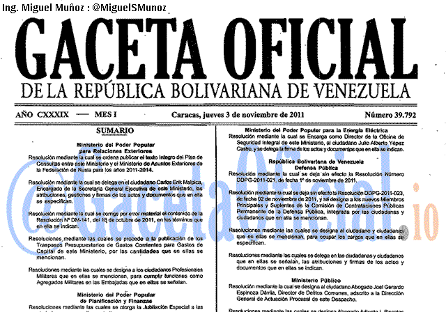 Gaceta Oficial 39792 del 3 Noviembre 2011