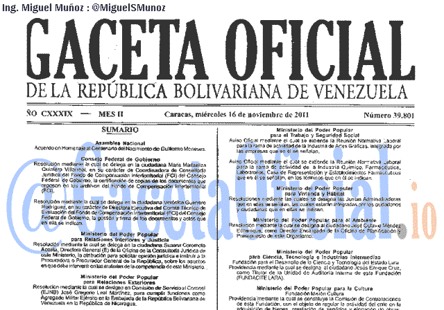 Gaceta Oficial 39801 del 16 Noviembre 2011