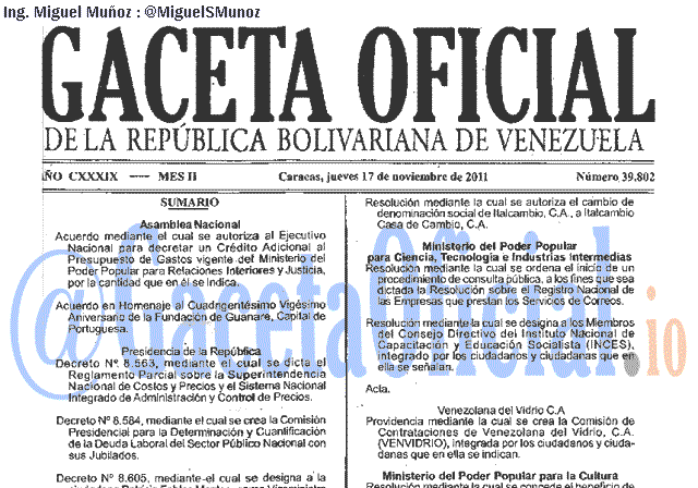 Gaceta Oficial 39802 del 17 Noviembre 2011