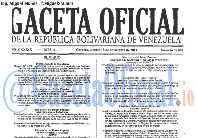 Gaceta Oficial 39803 del 18 Noviembre 2011