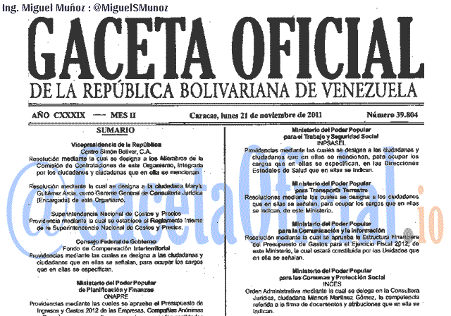 Gaceta Oficial 39804 del 21 Noviembre 2011