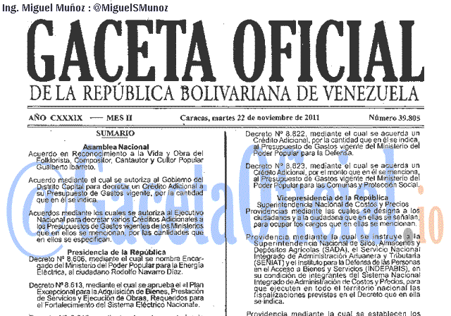 Gaceta Oficial 39805 del 22 Noviembre 2011