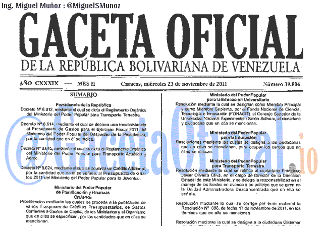 Gaceta Oficial 39806 del 23 Noviembre 2011