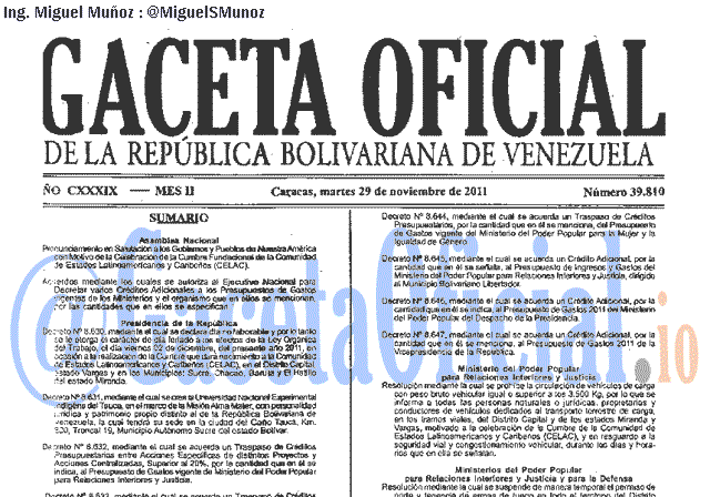 Gaceta Oficial 39810 del 29 Noviembre 2011